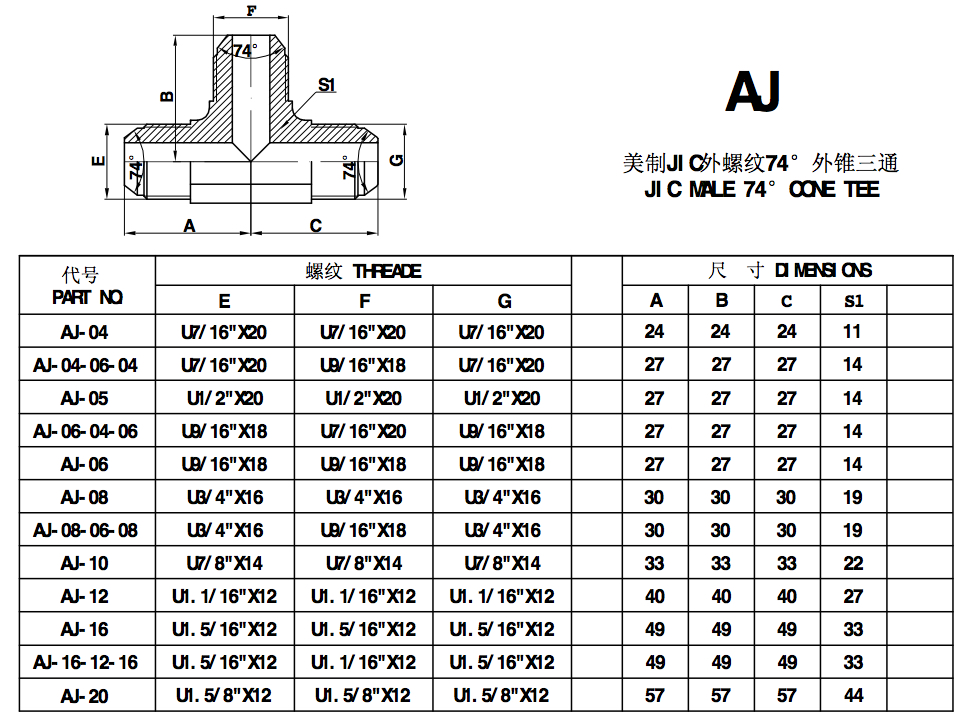 AJ JIC MALE 74锥形三通液压三通型适配器